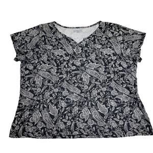 Croft & Barrow Shirt Womans 3X Black White Floral Paisley 4 Button Henley Resort